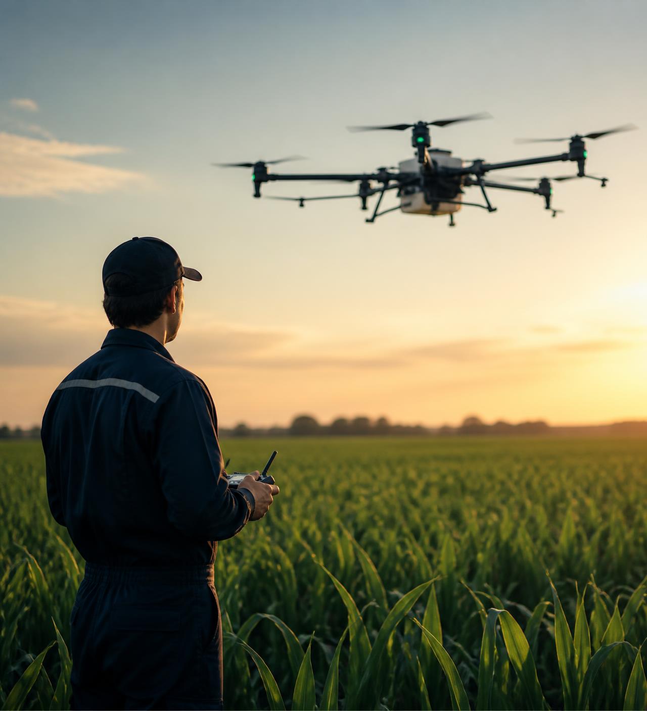 Operador profissional pilotando drone de pulverização agrícola em lavoura ao amanhecer